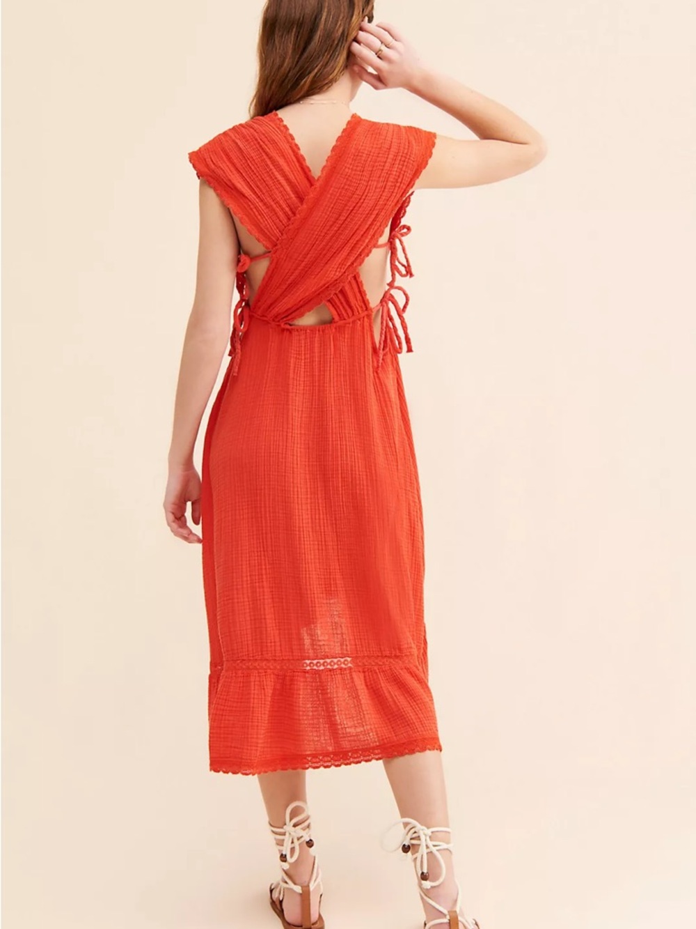 Anthropologie Coral-Orange Crinkle Midi Dress with Cross-Back